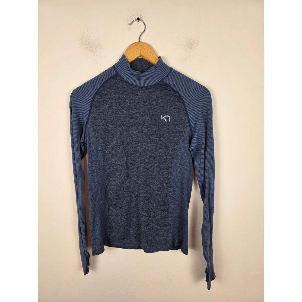 Kari Traa Blue Heathered Mock Neck Base Layer Top Women Medium Thumbholes